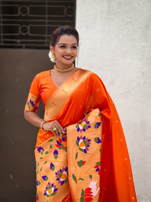 Orange Banarasi Silk Blend Saree With Blouse Piece