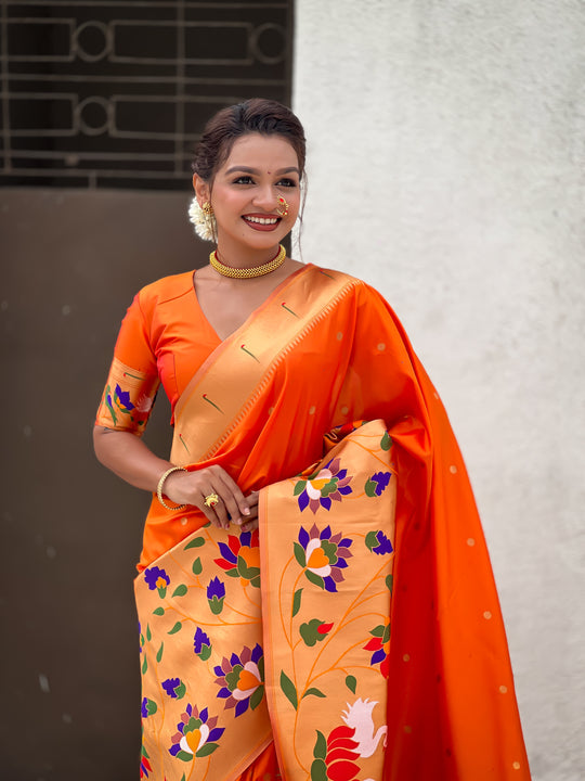 Orange Banarasi Silk Blend Saree With Blouse Piece