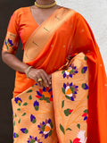Orange Banarasi Silk Blend Saree With Blouse Piece
