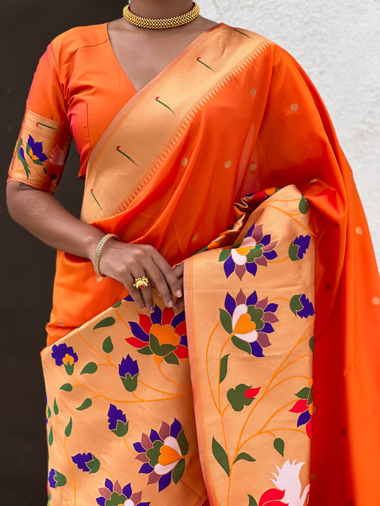 Orange Banarasi Silk Blend Saree With Blouse Piece
