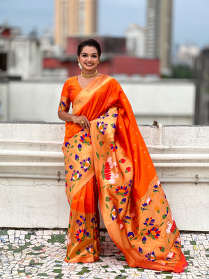 Orange Banarasi Silk Blend Saree With Blouse Piece