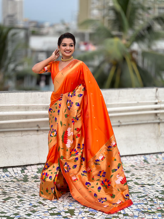 Orange Banarasi Silk Blend Saree With Blouse Piece