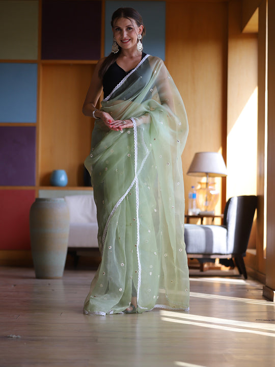 Green Organza Saree With Blouse Piece