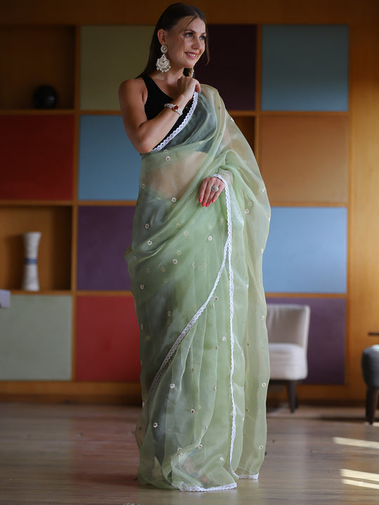 Green Organza Saree With Blouse Piece