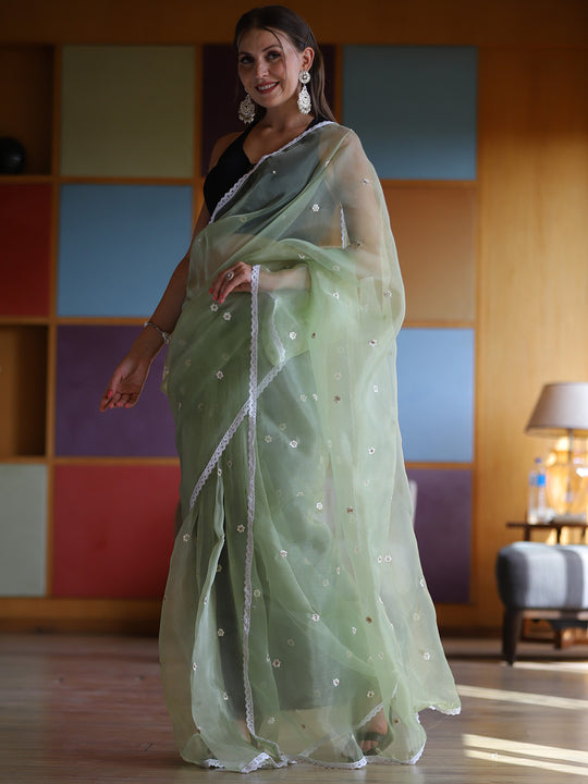 Green Organza Saree With Blouse Piece