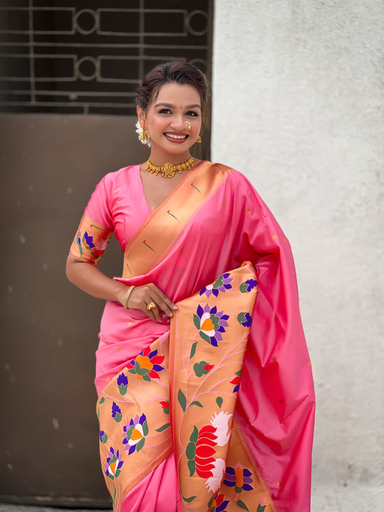 Baby Pink Banarasi Silk Blend Saree With Blouse Piece