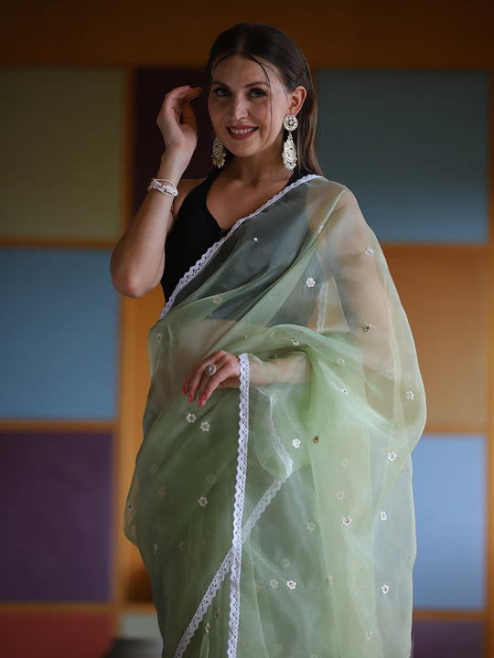 Green Organza Saree With Blouse Piece