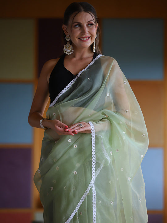 Green Organza Saree With Blouse Piece