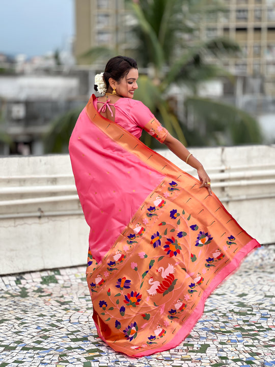 Baby Pink Banarasi Silk Blend Saree With Blouse Piece
