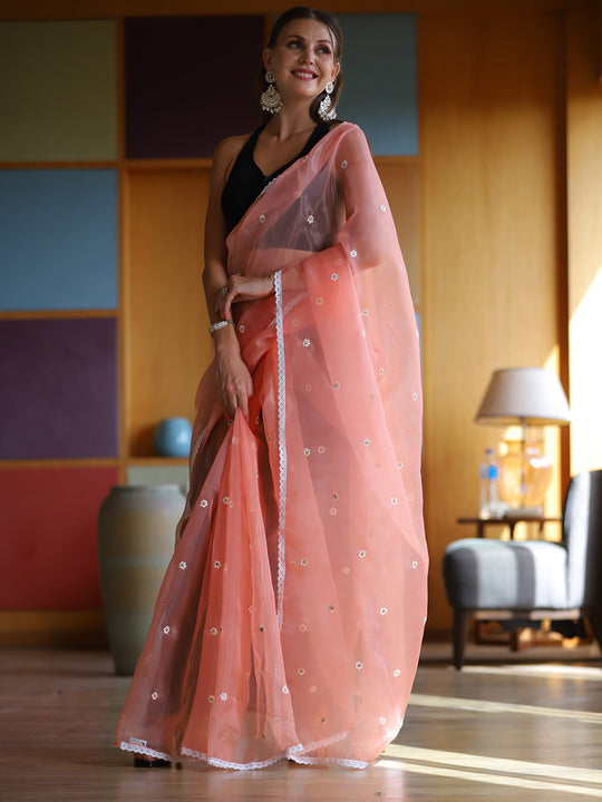 Peach Organza Saree With Blouse Piece