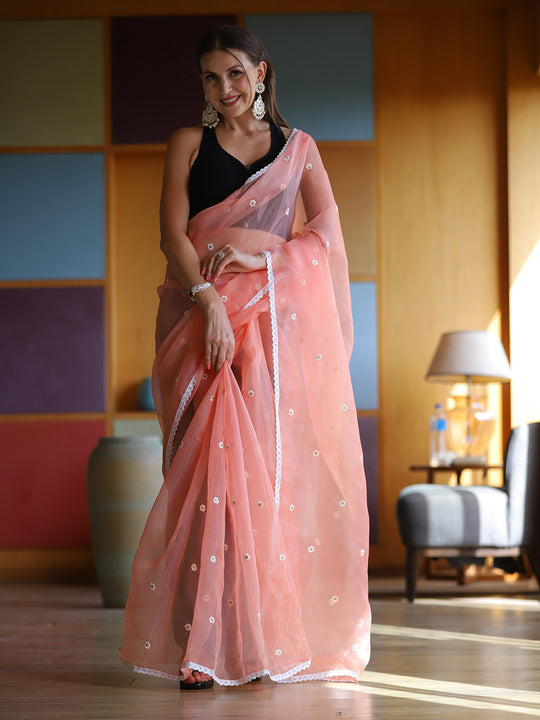 Peach Organza Saree With Blouse Piece