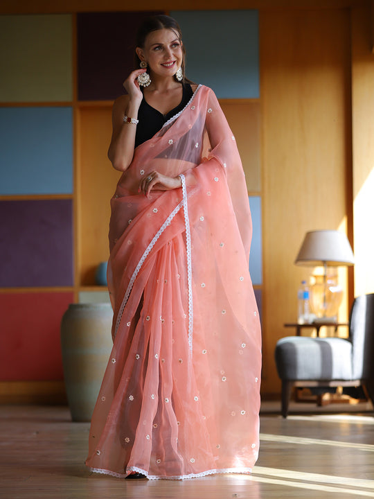 Peach Organza Saree With Blouse Piece