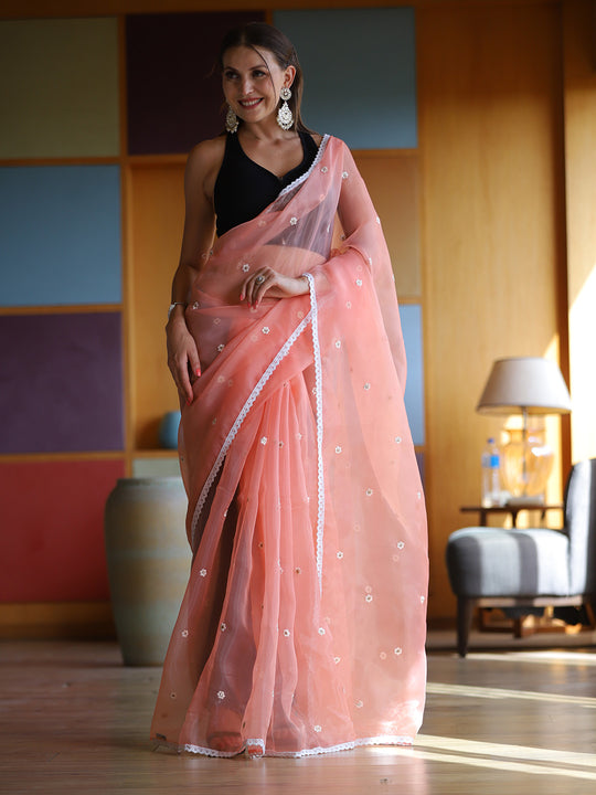 Peach Organza Saree With Blouse Piece