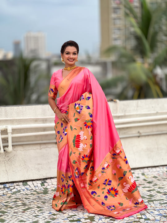 Baby Pink Banarasi Silk Blend Saree With Blouse Piece