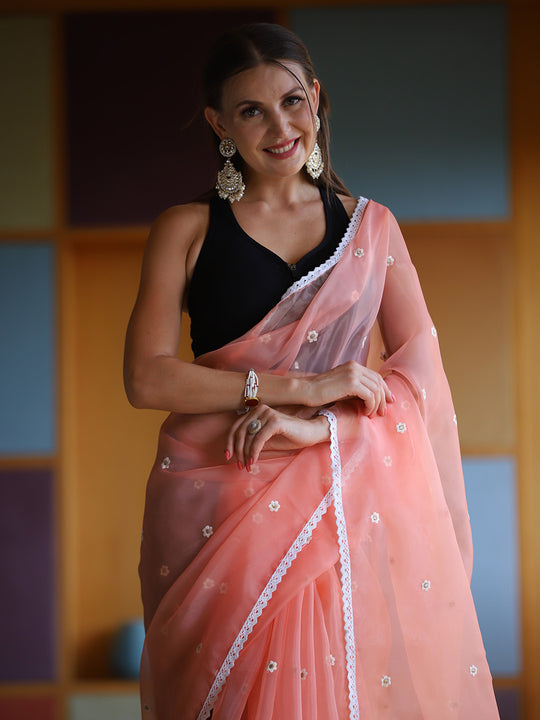 Peach Organza Saree With Blouse Piece