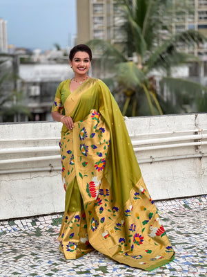 Mehendi Banarasi Silk Blend Saree With Blouse Piece