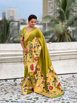 Mehendi Banarasi Silk Blend Saree With Blouse Piece