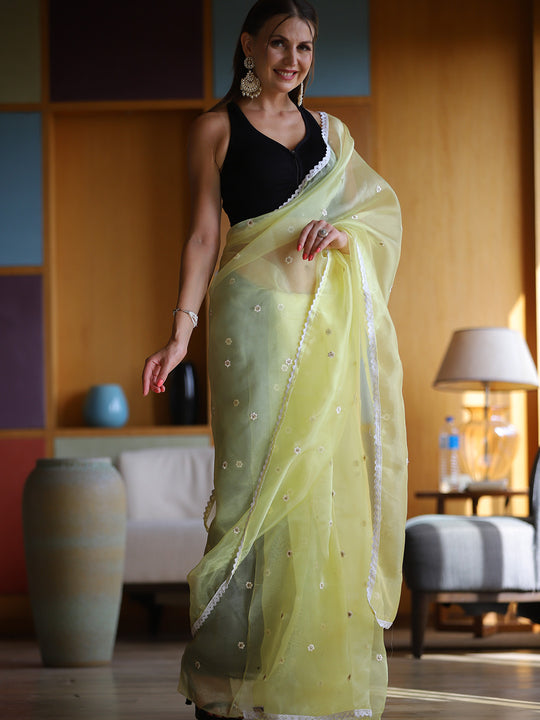 Yellow Organza Saree With Blouse Piece