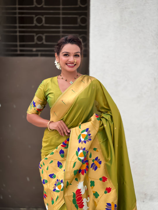 Mehendi Banarasi Silk Blend Saree With Blouse Piece