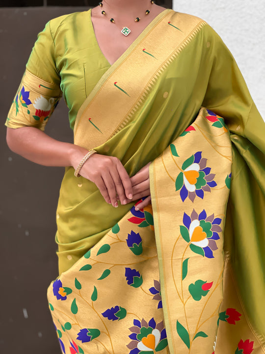 Mehendi Banarasi Silk Blend Saree With Blouse Piece