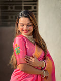 Pink Banarasi Silk Blend Saree With Blouse Piece