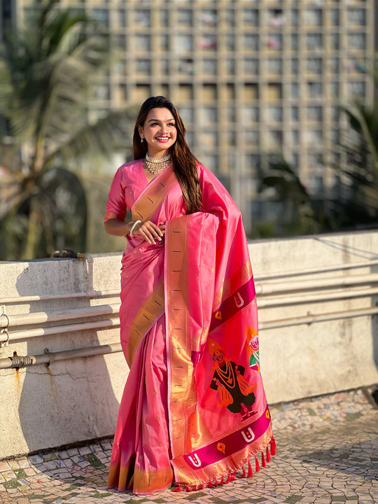 Pink Banarasi Silk Blend Saree With Blouse Piece