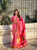 Pink Banarasi Silk Blend Saree With Blouse Piece