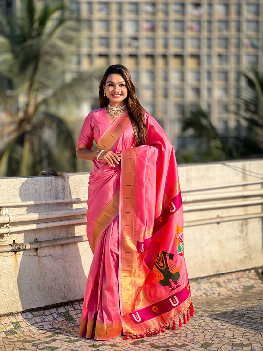 Pink Banarasi Silk Blend Saree With Blouse Piece