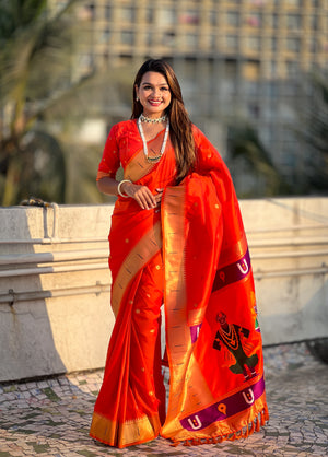 Red Banarasi Silk Blend Saree With Blouse Piece