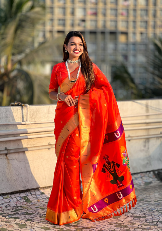 Red Banarasi Silk Blend Saree With Blouse Piece