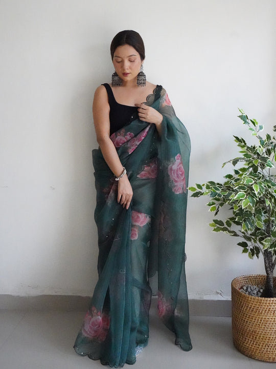 Dark Green Organza Saree With Blouse Piece