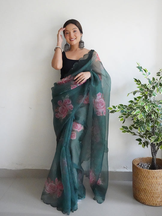 Dark Green Organza Saree With Blouse Piece