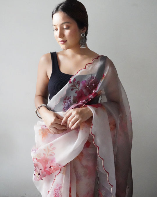 Off White Organza Saree With Blouse Piece