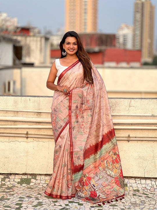 Light Brown Digital Printed Silk Saree With Blouse Piece