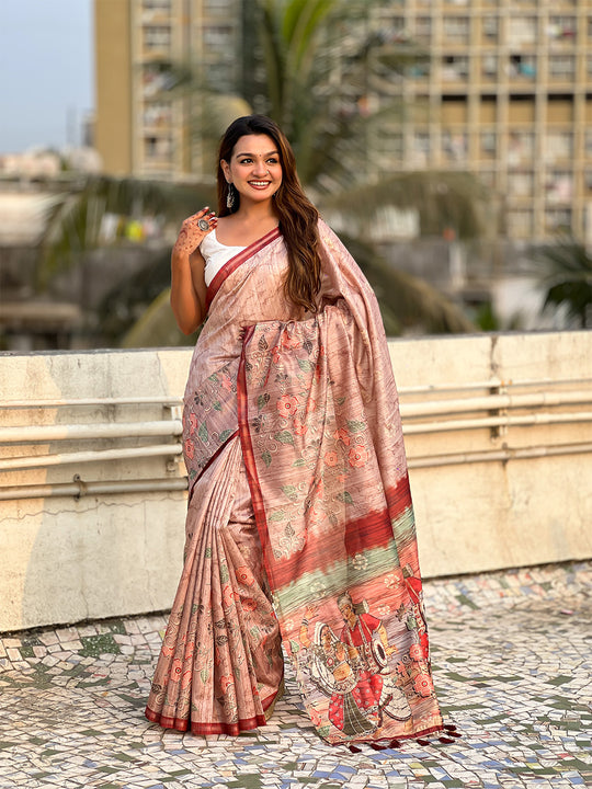 Light Brown Digital Printed Silk Saree With Blouse Piece