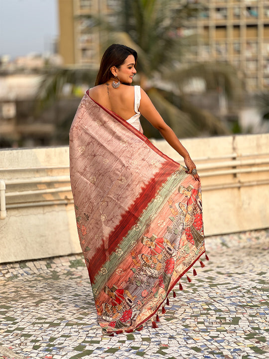 Light Brown Digital Printed Silk Saree With Blouse Piece
