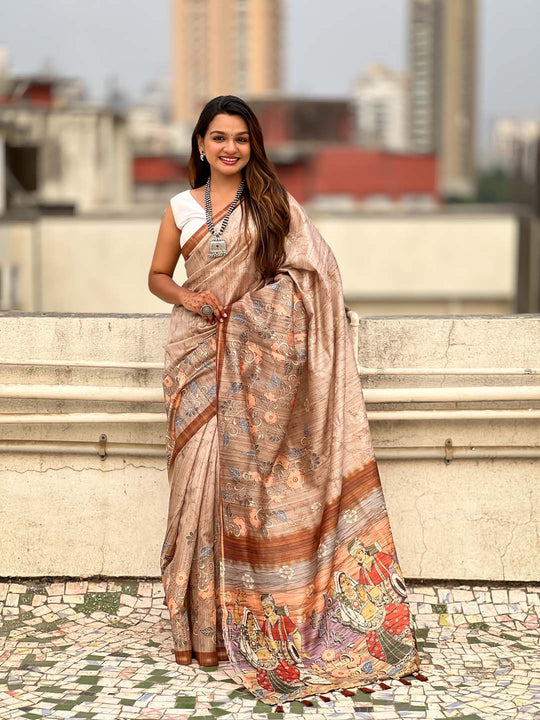 Brown Digital Printed Silk Saree With Blouse Piece