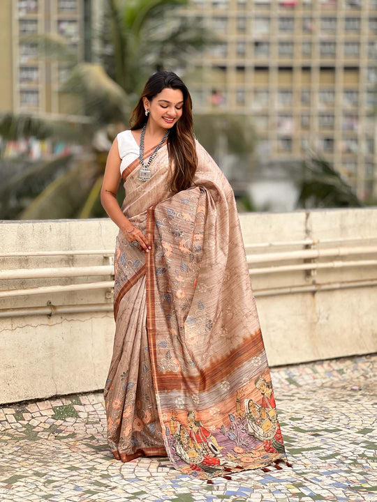 Brown Digital Printed Silk Saree With Blouse Piece