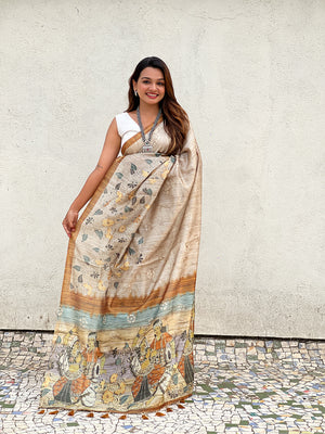 Light Gold Digital Printed Silk Saree With Blouse Piece