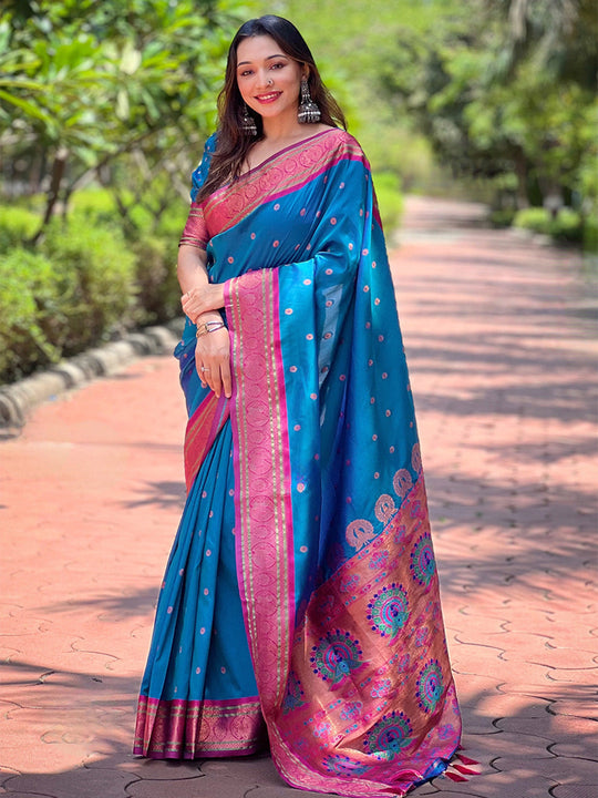 Sky Blue Paithani Silk Saree With Blouse Piece
