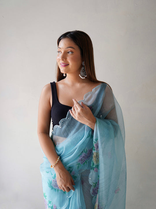Sky Blue Organza Saree With Blouse Piece
