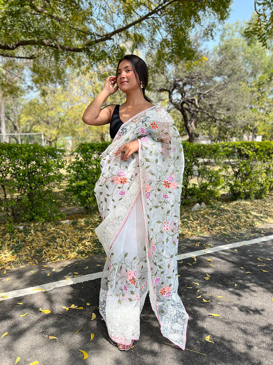 White Organza Saree With Blouse Piece