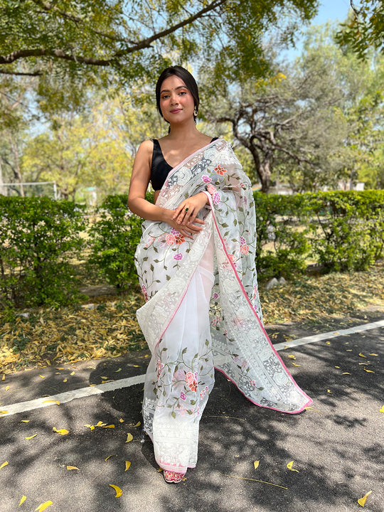 White Organza Saree With Blouse Piece