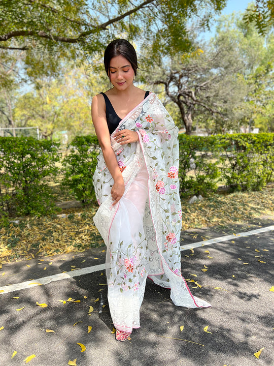 White Organza Saree With Blouse Piece