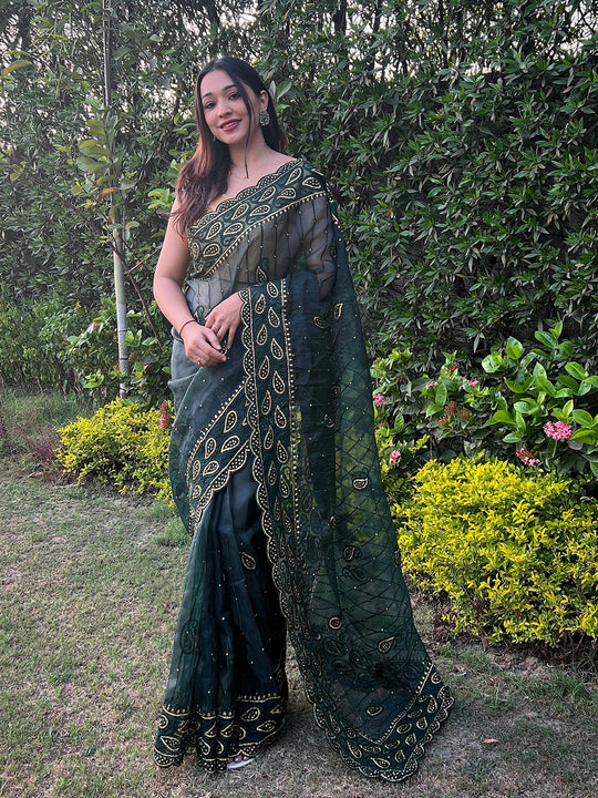 Green Organza Saree With Blouse Piece