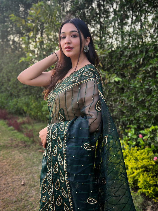 Green Organza Saree With Blouse Piece