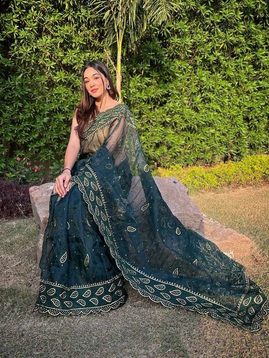 Green Organza Saree With Blouse Piece