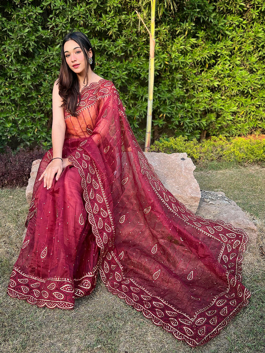 Maroon Organza Saree With Blouse Piece