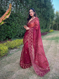 Maroon Organza Saree With Blouse Piece