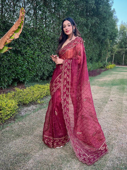 Maroon Organza Saree With Blouse Piece